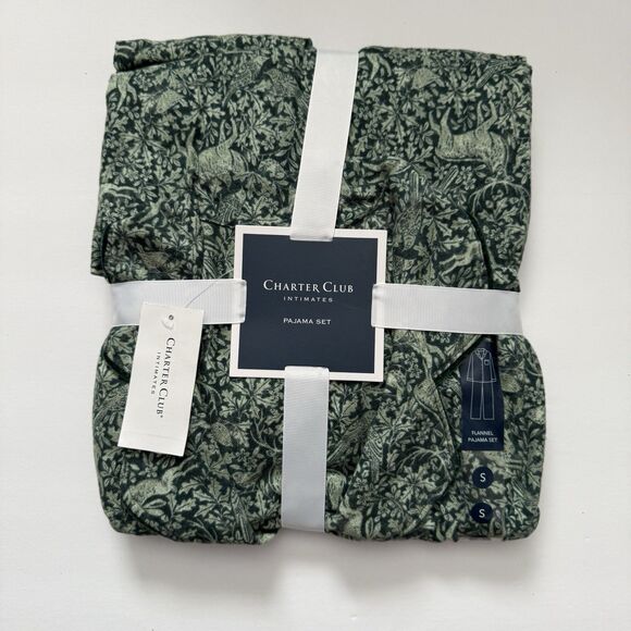 NWT Charter Club Gift Pack Flannel 2 Piece Pajama Set Green Forest Animal Garden - Picture 1 of 3